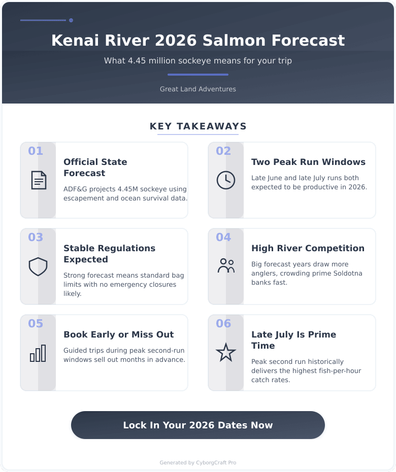Infographic: Alaska Just Forecast 4.45 Million Sockeye Salmon for the Kenai River in 2026 - Here's What That Means for Your Trip to Soldotna - Key concepts and takeaways